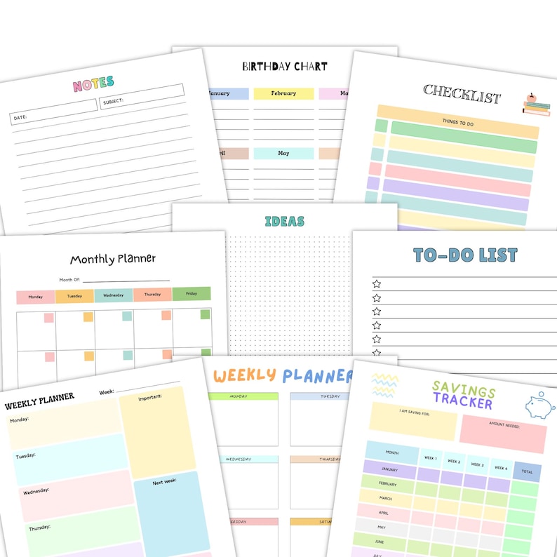 Colorful planning pages arranged in a layered layout, showing notes pages, a birthday chart, checklist pages, a to do list, monthly calendar layout, weekly planner pages, and a savings tracker.