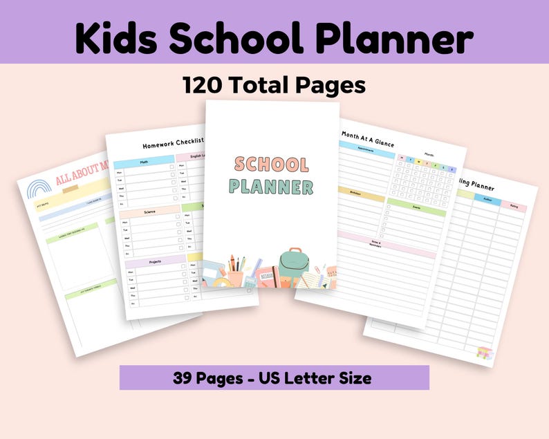 Flat lay image showing a kids school planner with multiple colorful planner pages fanned out, including checklist pages, schedule layouts, and a central cover page illustrated with school supplies and a backpack on a soft pastel background.