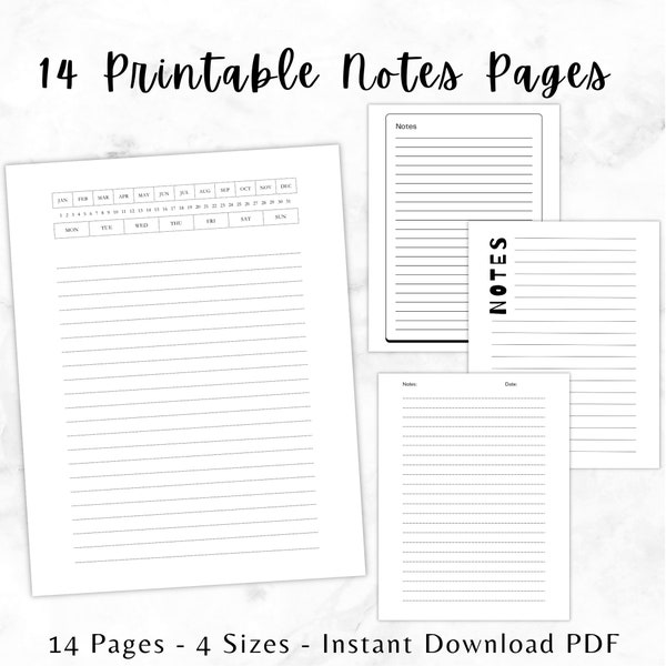 Notes Page Digital, Lined Notes Printable, Lined Paper, Note Taking Pages, Writing Paper Sheets, Notes Planner Insert, Instant Download PDF