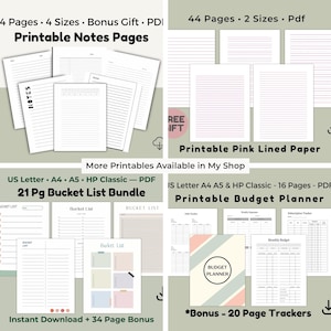 Collage showing planner and notes pages including lined paper, bucket list sheets, and budget planner layouts.