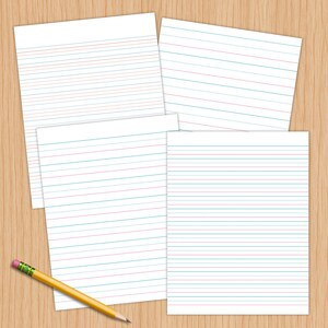 Four white handwriting practice paper sheets in an overlapping layout on a light wood tabletop with a yellow wooden pencil.