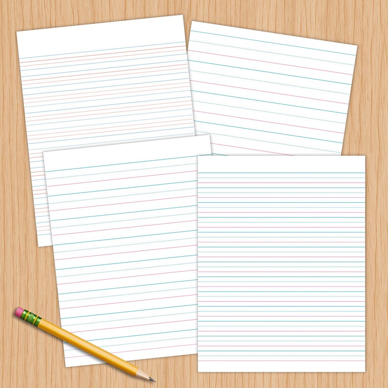 Four white handwriting practice paper sheets in an overlapping layout on a light wood tabletop with a yellow wooden pencil.