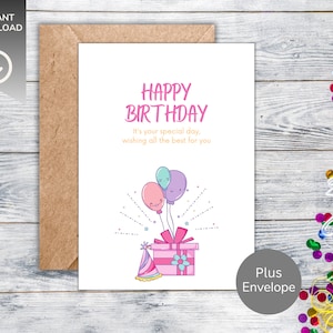 Mädchen Geburtstagskarte zum Ausdrucken, süße Geburtstagskarte für Mädchen, Sofort Download, rosa Luftballons Karte, zwei Größen, DIY Karte mit Umschlag