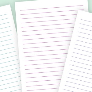 Three lined stationery pages—teal, purple, and blue rule lines—fanned on a light green background.