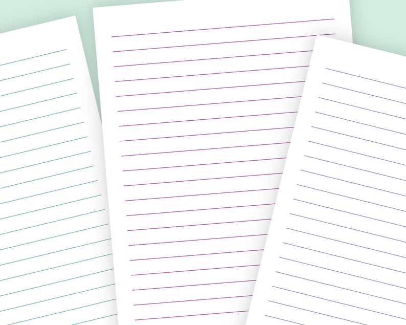 Three lined stationery pages—teal, purple, and blue rule lines—fanned on a light green background.