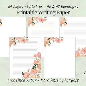 Juego de papel floral imprimible, hojas rayadas y en blanco, plantillas de sobres A2/A7, tamaño carta (EE. UU.), descarga instantánea.