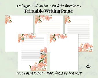 Ensemble de papier à lettres corail, motif floral, ligné et papeterie vierge, PDF numérique, lettre US