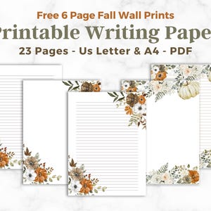 Papel de carta imprimible de otoño, set de papelería digital de calabaza, acuarela para escribir cartas de otoño, hojas de papel rayado, descarga instantánea