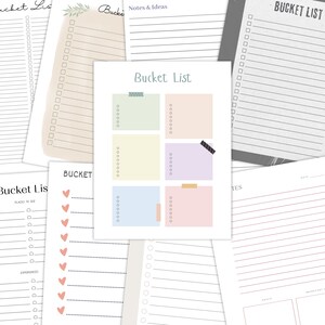 Multiple bucket list planner pages layered in the background with a centered page featuring six colorful note boxes and checklist dots on a light background.
