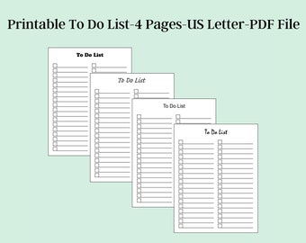 May include: Four printable to-do list pages in US Letter size, each with a title "To Do List" and a grid of checkboxes and lines for writing tasks.