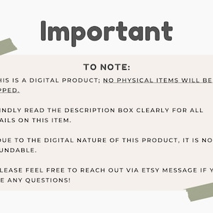 Important notice graphic showing digital product information with icons for purchase, download, print, and enjoy.