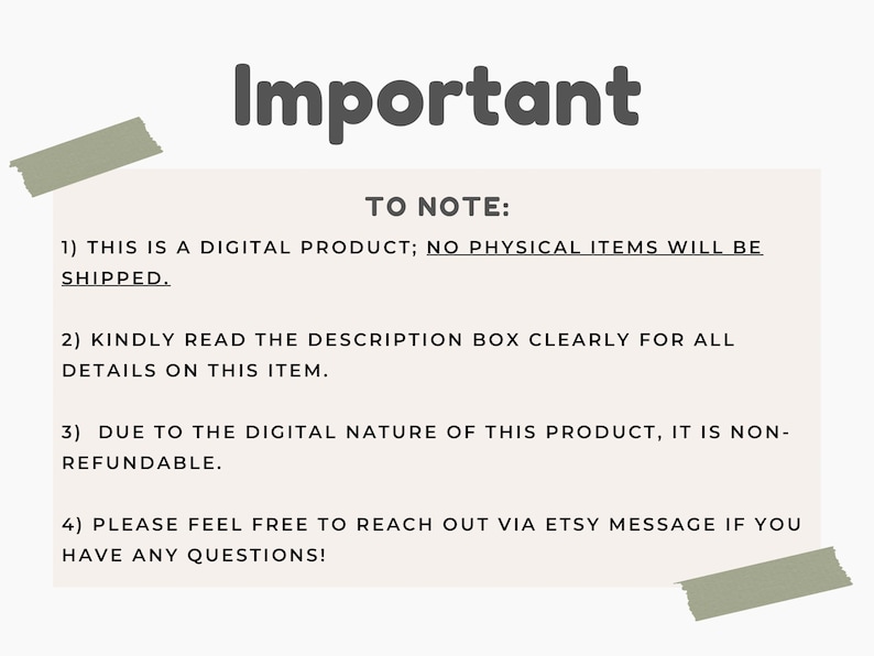 Important notice graphic showing digital product information with icons for purchase, download, print, and enjoy.