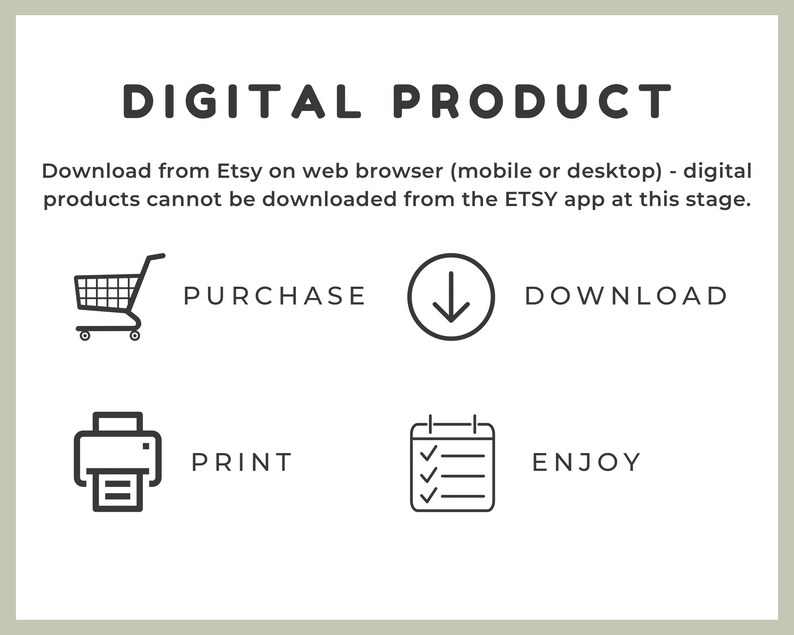 Informational image labeled “Digital Product” showing four icons with steps: purchase, download, print, and enjoy. Text explains that Etsy digital products must be downloaded from a web browser on mobile or desktop, not through the Etsy app.