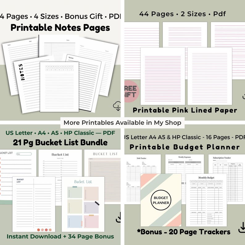 Collage image showing multiple planner and paper page designs arranged in sections, including lined notes pages, checklist layouts, bucket list pages, and budget-style tables displayed on a neutral background.
