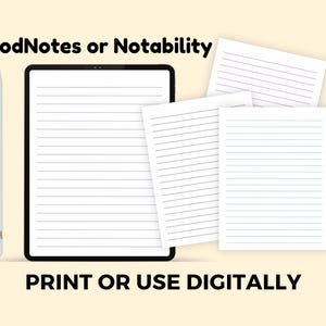 A tablet screen shows a lined note page with several loose colorful lined sheets and a stylus arranged on a light background.