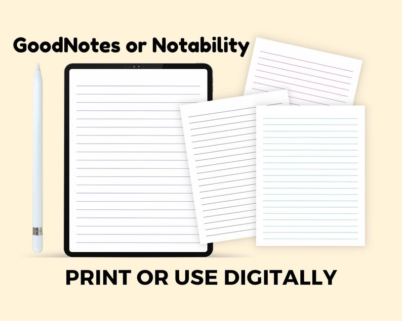 A tablet screen shows a lined note page with several loose colorful lined sheets and a stylus arranged on a light background.