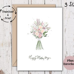 Tarjeta imprimible para el Día de la Madre, tarjeta de flores de acuarela para mamá, tarjeta de felicitación digital, descarga en PDF, 3 tamaños, plantilla de sobre incluida