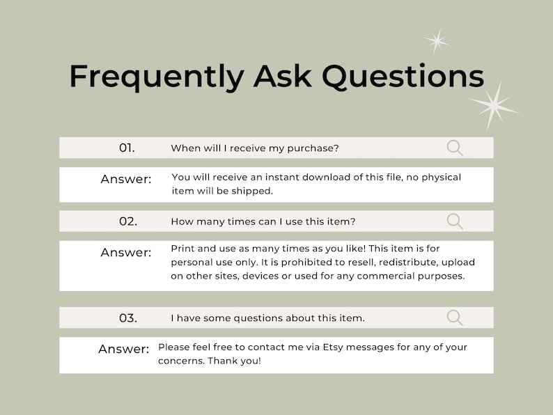 FAQ graphic on a light green background showing three question-and-answer boxes with black text and small star accents.