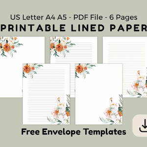 Conjunto de papelaria floral de outono, papel para escrita, com e sem linhas, PDF digital, tamanhos Carta (EUA), A4 e A5.