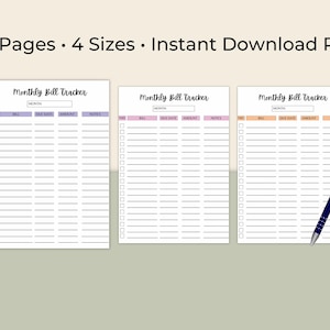 Three monthly bill tracker pages shown in different color themes on a clean desk layout, including one displayed in a spiral notebook with a pen nearby.