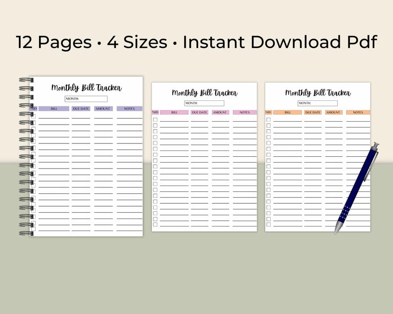 Three monthly bill tracker pages shown in different color themes on a clean desk layout, including one displayed in a spiral notebook with a pen nearby.