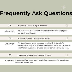 Frequently Asked Questions graphic with sage green background explaining instant download, personal use terms, and Etsy message contact information.