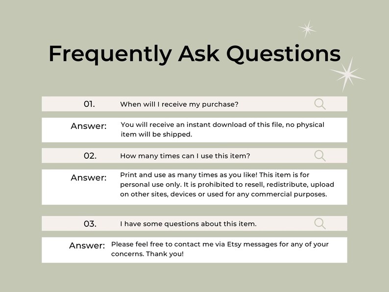 Frequently Asked Questions graphic with sage green background explaining instant download, personal use terms, and Etsy message contact information.