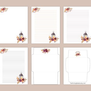 Fall stationery set with 4 writing paper designs and 2 matching envelope templates. Features autumn florals and a rustic lantern design, perfect for letter writing, journaling, or seasonal notes.