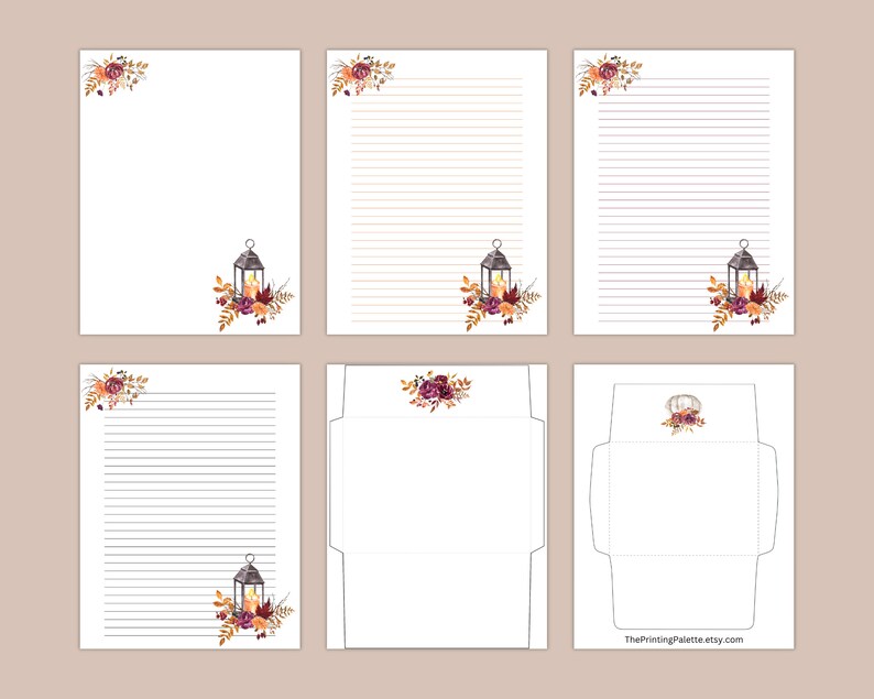 Fall stationery set with 4 writing paper designs and 2 matching envelope templates. Features autumn florals and a rustic lantern design, perfect for letter writing, journaling, or seasonal notes.