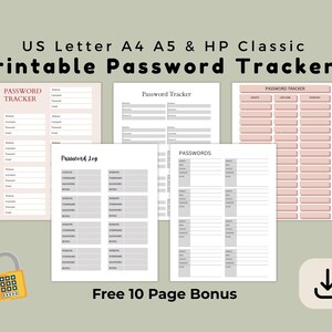 Password Tracker Bundle, Printable Log & Organizer Pages, Digital PDF, US Letter A4 A5 HP Classic