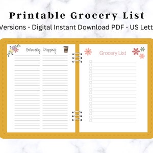 Pode incluir: Modelo de lista de compras imprimível com duas versões. O lado esquerdo tem o título "Grocery Shopping" com um ícone de xícara de café. O lado direito tem o título "Grocery List" com decorações florais. Ambos os lados têm espaços com linhas para escrever.