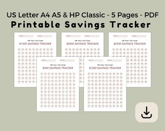Savings Challenge Tracker, Digital PDF, US Letter A4 A5 HP Classic