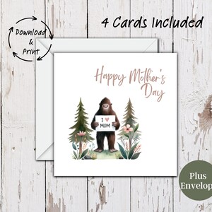 Tarjeta digital del Día de la Madre de Pie Grande, tarjeta del Día de la Madre para los amantes de Pie Grande, tarjeta de felicitación imprimible del Día de la Madre, descarga instantánea en PDF