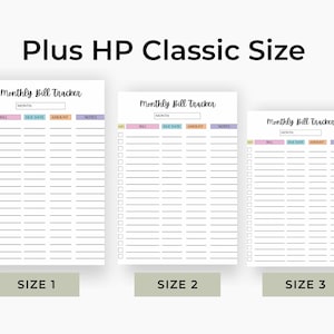Three monthly bill tracker sheets displayed in a clean layout with colorful headers and checklist columns, shown side by side on a white background.