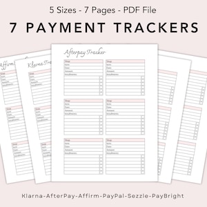 Può includere: Documento PDF stampabile con sette tracciatori di pagamento per Afterpay, Klarna, Affirm, PayPal, Sezzle e PayBright. Ogni tracciatore ha campi per il negozio, l'articolo, la data, l'importo e le rate.