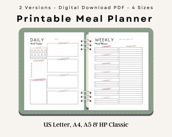 Weekly Meal Planner Log, Food Grocery List, Digital PDF, Us Letter A4 A5 HP Classic
