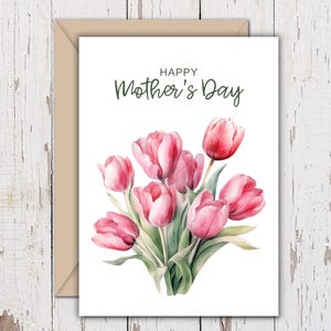 Carte tulipe fête des mères, carte imprimable pour maman, tulipes roses aquarelles, PDF numérique, 5 x 7