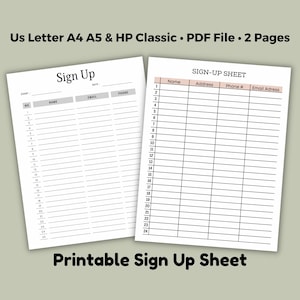 Sign Up Sheet, Event Registration Form, Digital PDF, US Letter A4 A5 HP Classic