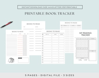 Book Tracker Digital, Book Tracker Printable, Book Tracker Template, Reading Log, Book Chart, Book List, A4 A5 Letter, Instant Download PDF