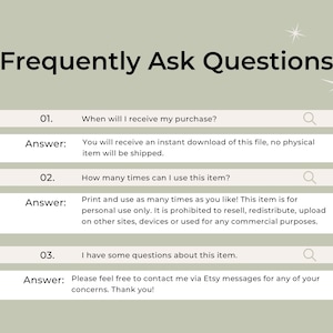 FAQ graphic on a light green background showing three question-and-answer boxes with black text and small star accents.