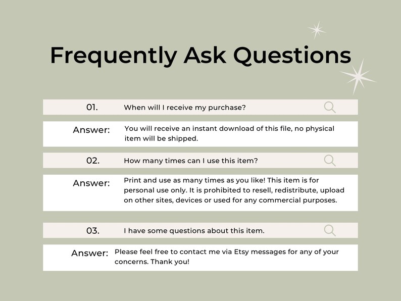 FAQ graphic on a light green background showing three question-and-answer boxes with black text and small star accents.