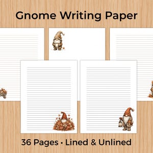 Op de afbeelding: Een set Gnome-briefpapier met 36 pagina's, zowel gelinieerd als ongelinieerd. Het briefpapier toont diverse illustraties van kabouters in herfstkleding, waaronder een met een bordje met de tekst Hello Fall, tegen een houten achtergrond.
