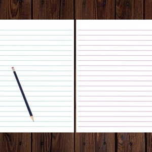 Two lined stationery pages—teal and purple rule lines on white paper—shown side by side on a wood background with a pencil.