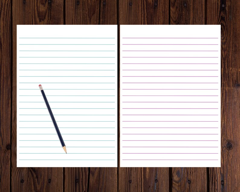 Two lined stationery pages—teal and purple rule lines on white paper—shown side by side on a wood background with a pencil.