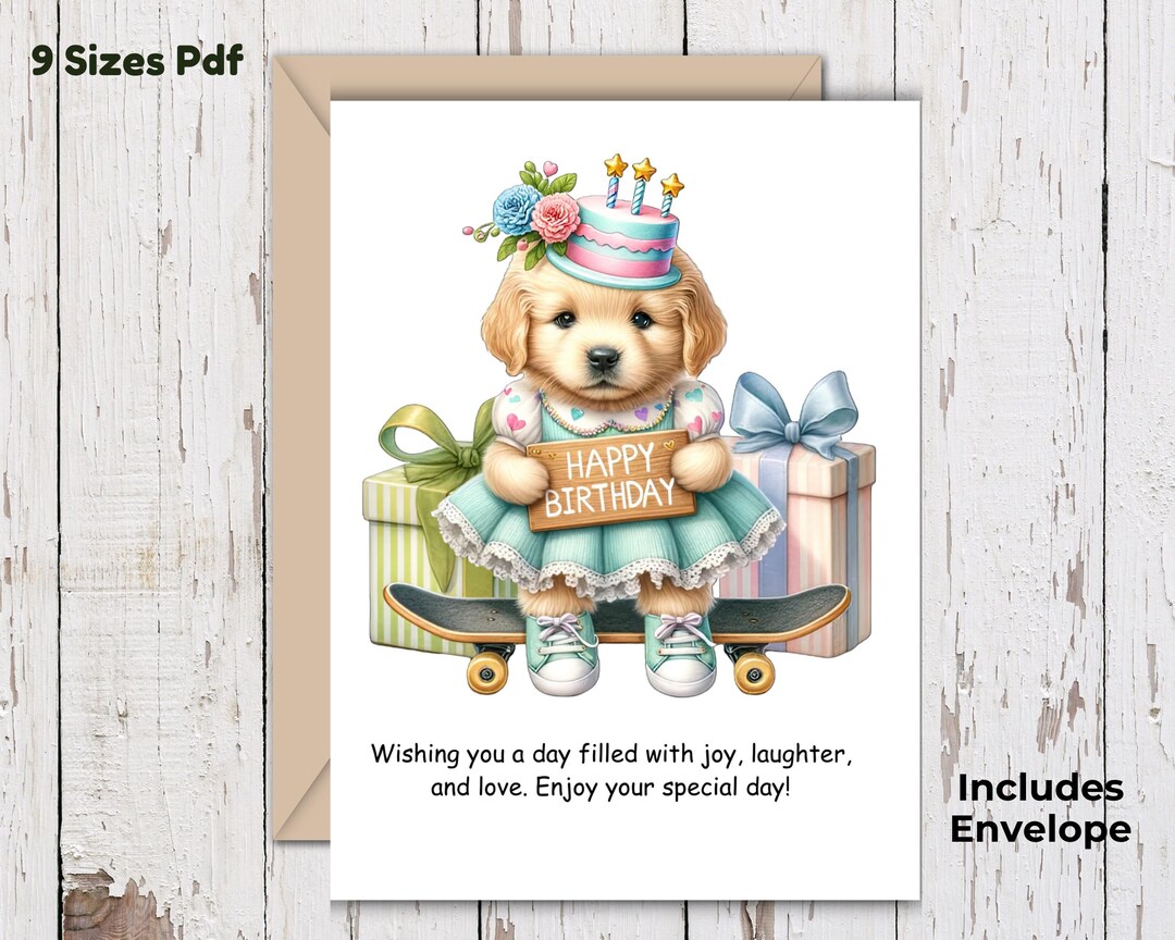 Cute Puppy Birthday Card for Girl, Dog Card Printable, Digital PDF, 5x7 ...
