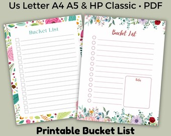 Floral Bucket List, Goal Planner Journal, Digital PDF, US Letter A4 A5 HP Classic