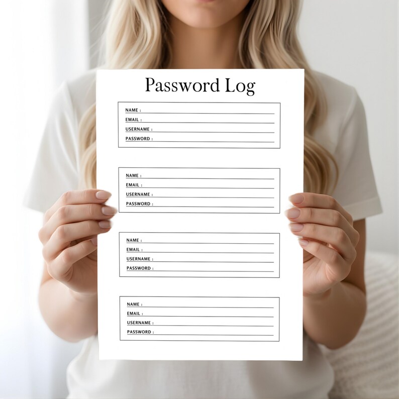 Person holding a black and white password log sheet with labeled fields for name, email, username, and password against a neutral indoor background.