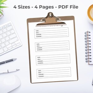 Flat lay photo showing a password log page clipped to a clipboard on a white desk, styled with a keyboard, pen, spiral notebook, plant, and coffee cup.