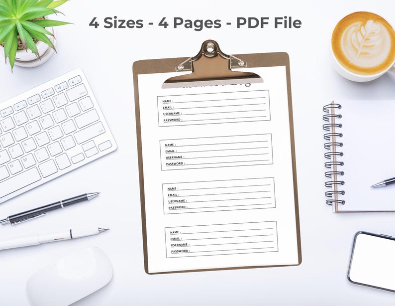 Flat lay photo showing a password log page clipped to a clipboard on a white desk, styled with a keyboard, pen, spiral notebook, plant, and coffee cup.