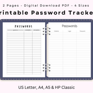 Rastreador de contraseñas imprimible, registro de contraseñas de dos páginas, organizador de contraseñas en PDF, lista de contraseñas de descarga digital, tamaño A4, A5, carta estadounidense, HP Classic